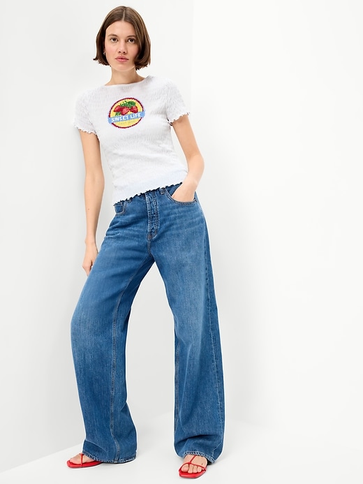 Image number 3 showing, Slit-Neck Smocked Graphic Top