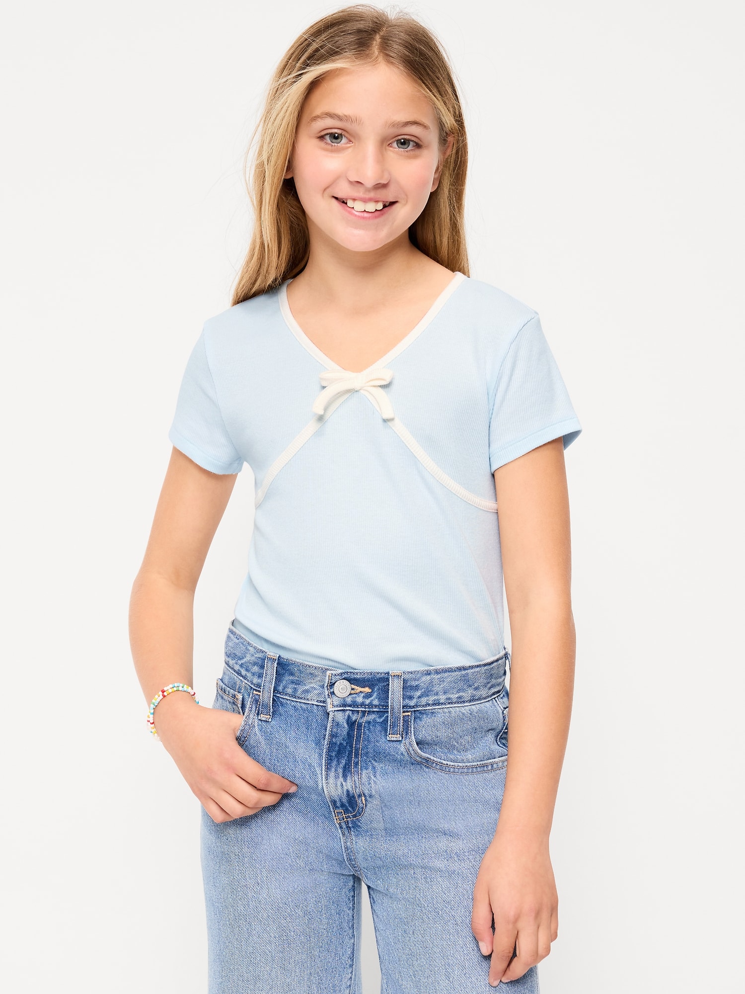 Fitted Short-Sleeve Ribbed Bow Top for Girls