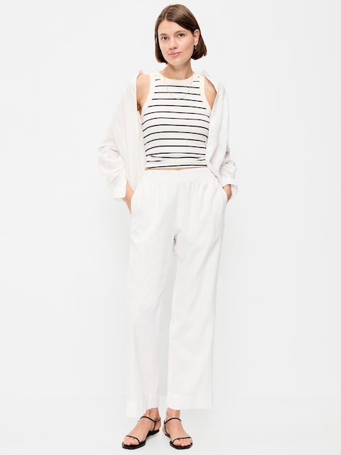 High-Waisted Linen-Blend Straight Ankle Pants