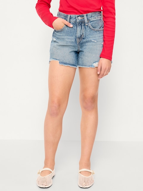 SHORT EN DENIM À TAILLE HAUTE ET À OURLET COUPÉ ET EFFILOCHÉ POUR FILLE