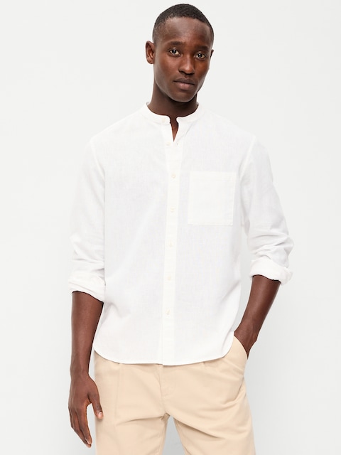 Classic Fit Banded Collar Linen-Blend Shirt