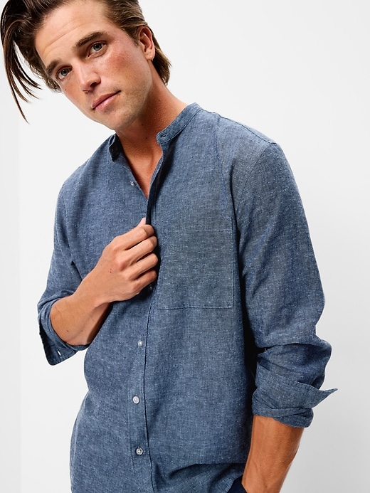 Image number 3 showing, Classic Fit Banded Collar Linen-Blend Shirt