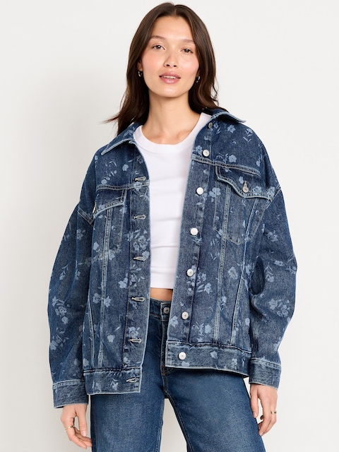 Oversized Floral Print Jean Trucker Jacket