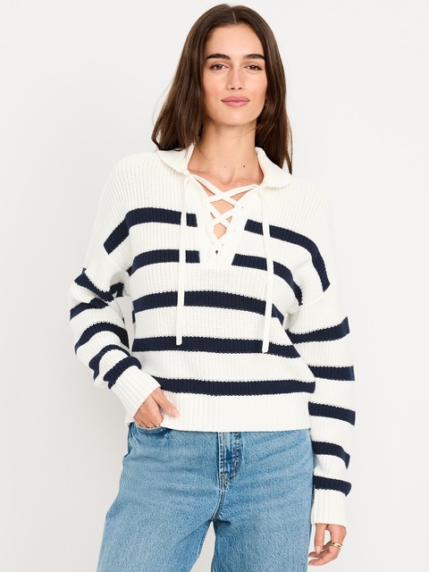 Seaside Cotton Lace-Up Collar Sweater