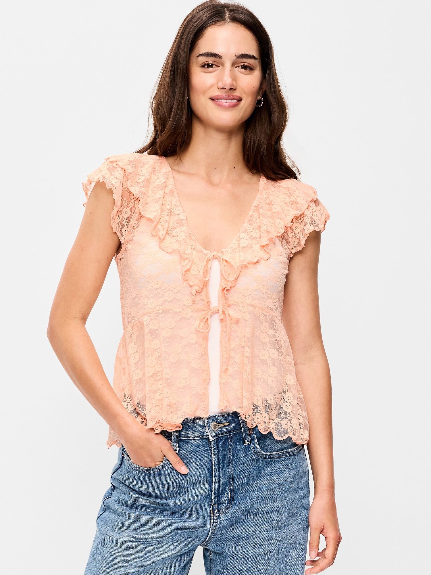 Open-Front Lace Ruffle Top