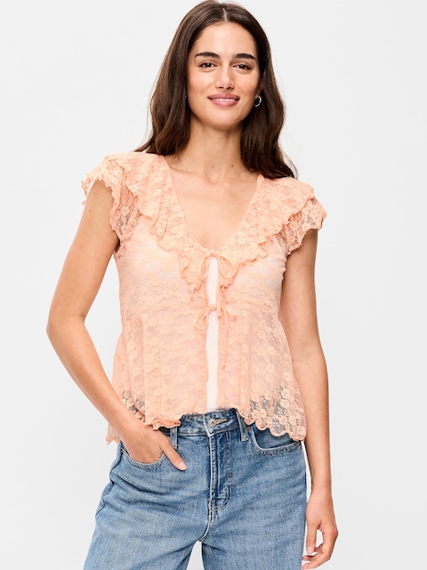 Open-Front Lace Ruffle Top