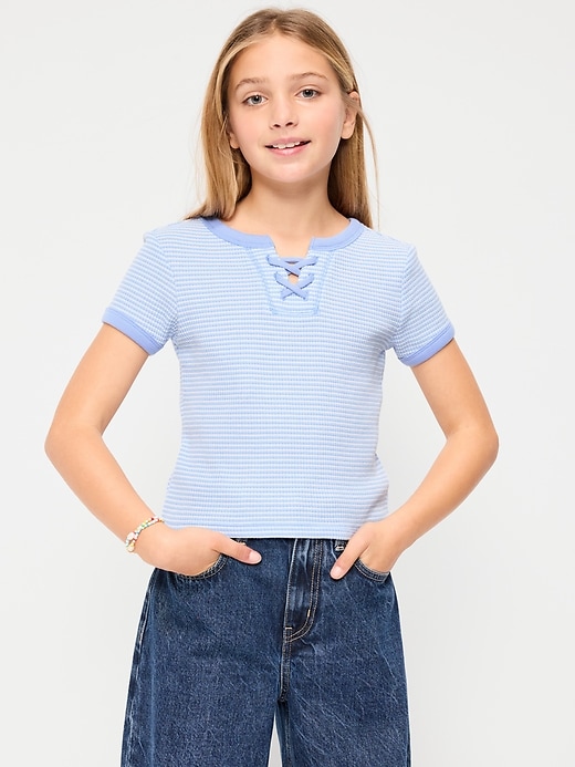 Image number 1 showing, Fitted Lace-Front Waffle-Knit Top for Girls