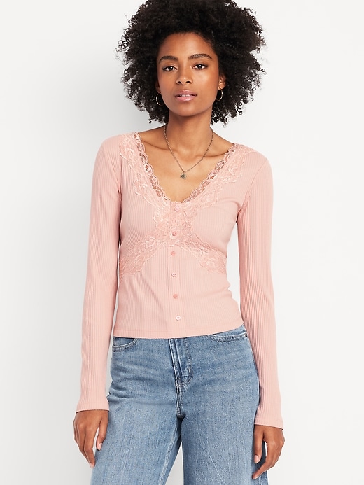 Image number 1 showing, Lace-Trim V-Neck Ribbed Top