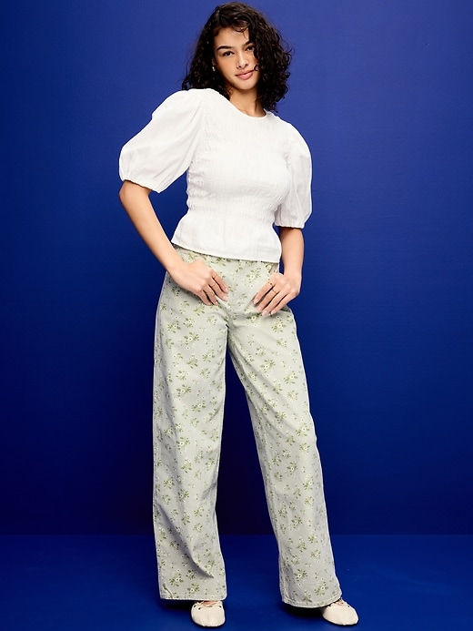 Image number 1 showing, High-Waisted Baggy Floral Print Wide-Leg Jeans