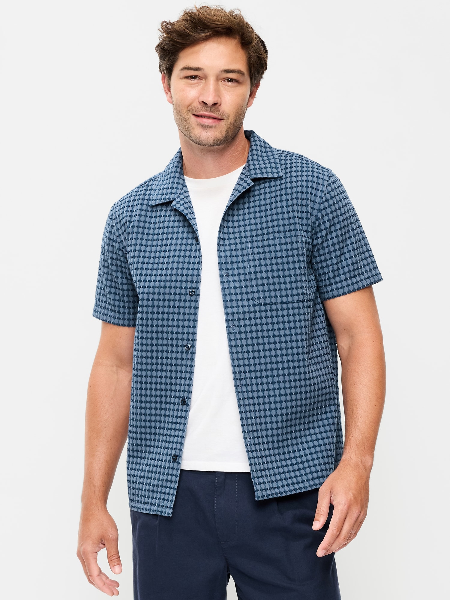 Short-Sleeve Textured Jacquard Camp Shirt