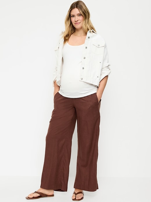 Image number 1 showing, Maternity Rollover Waist Linen-Blend Super Wide-Leg Pants