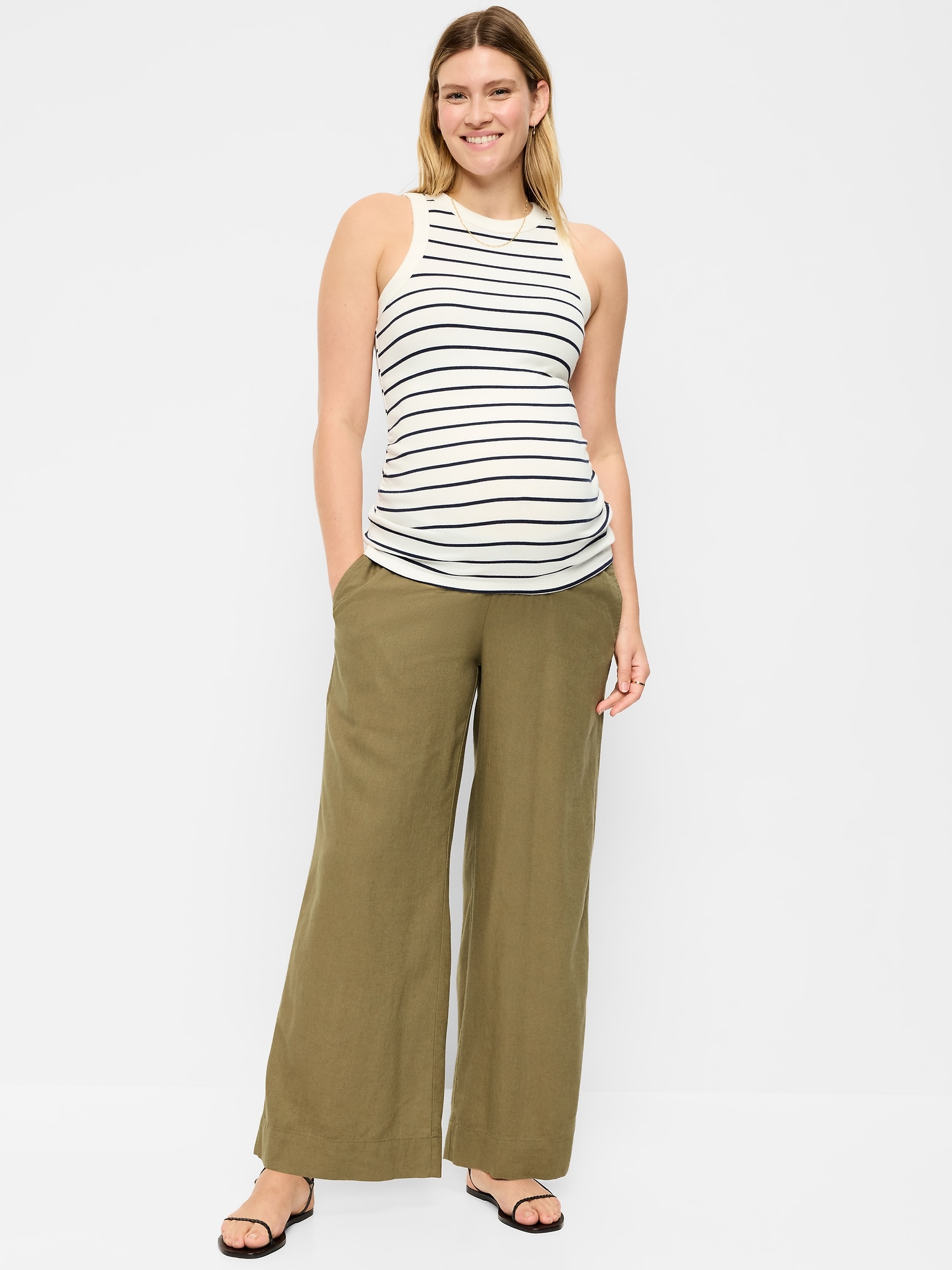 Pantalon de maternité à jambe ultra-large en mélange lin avec taille rabattable