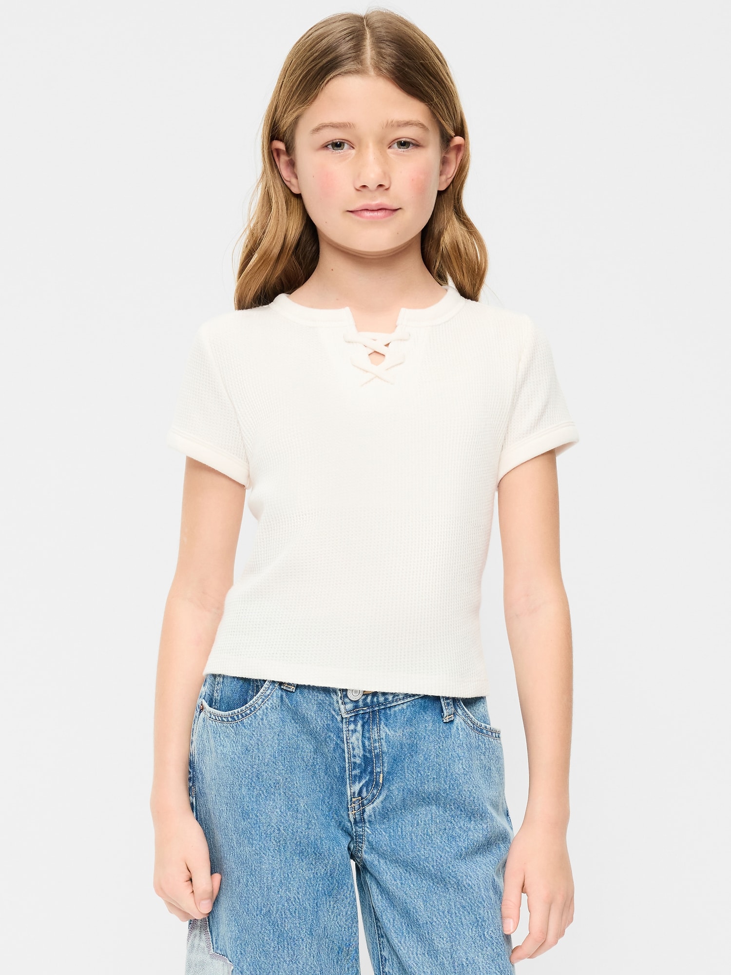 Fitted Short-Sleeve Lace-Up Waffle-Knit Top for Girls
