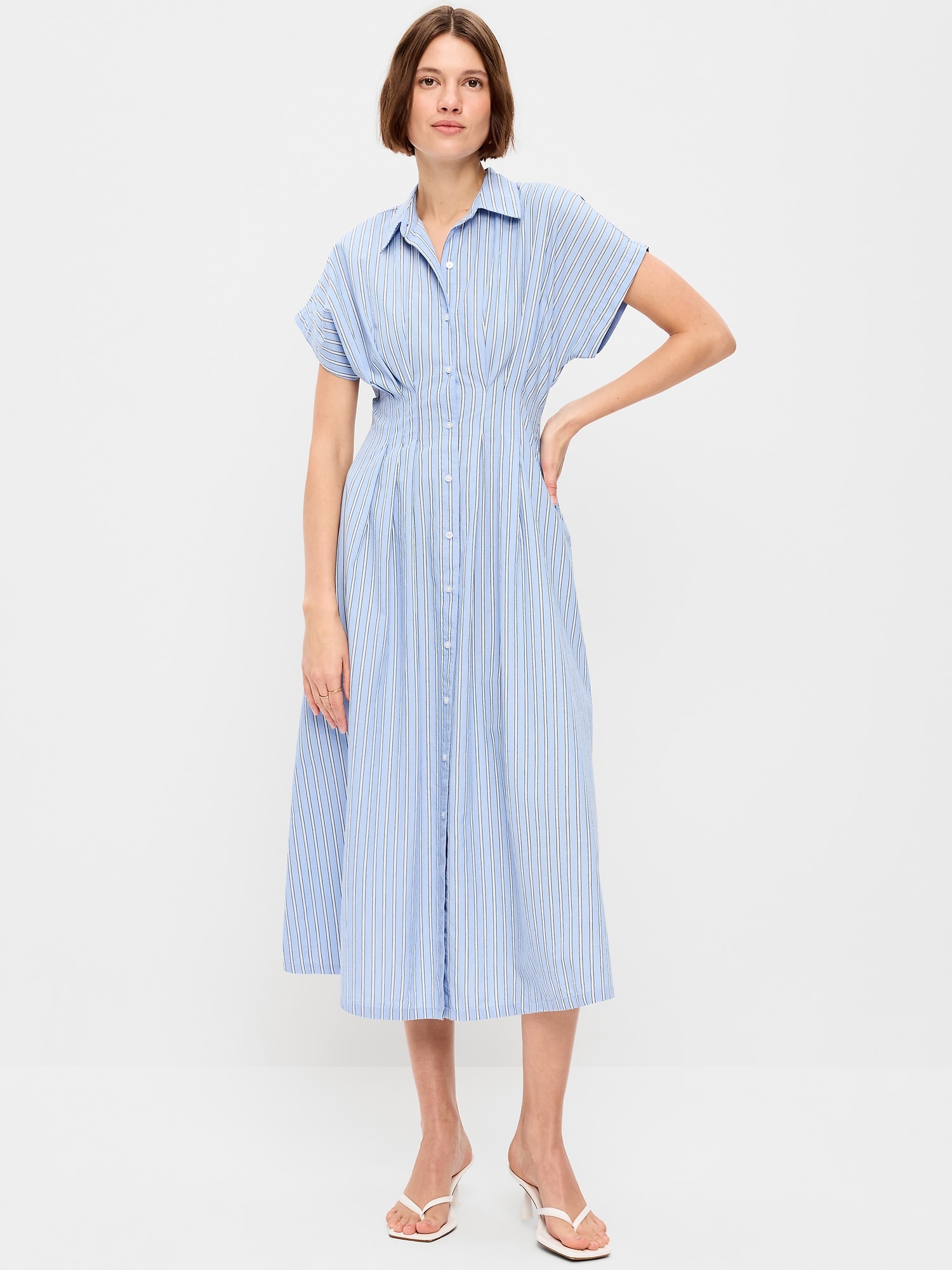 Pintuck-Waist Midi Shirt Dress