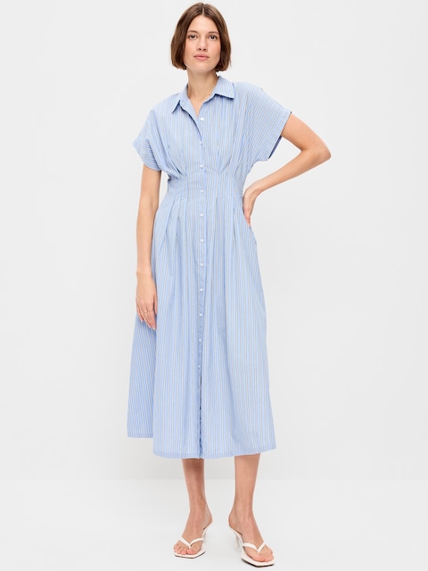 Smocked-Waist Midi Shirt Dress