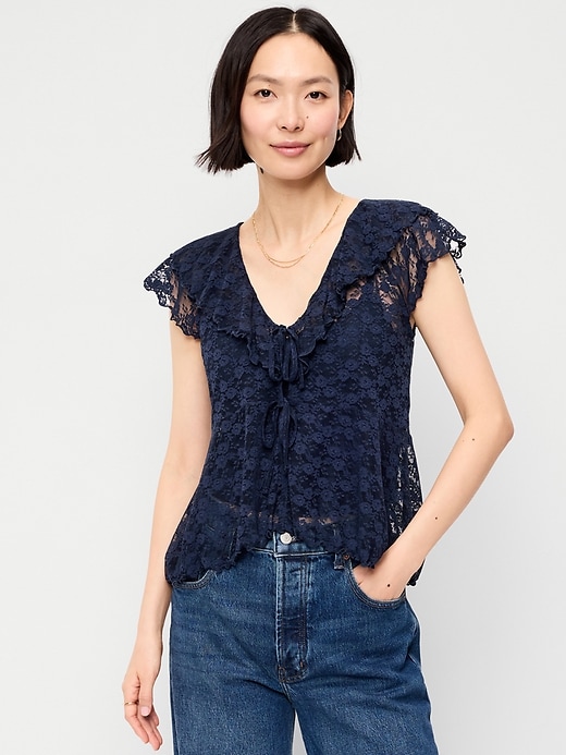 Image number 1 showing, Open-Front Lace Ruffle Top
