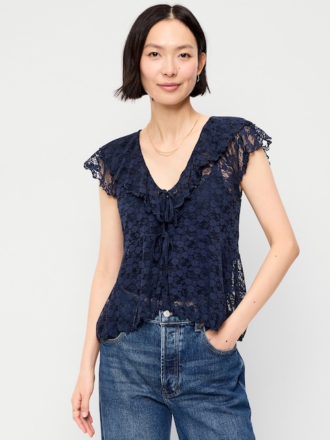 Open-Front Lace Ruffle Top