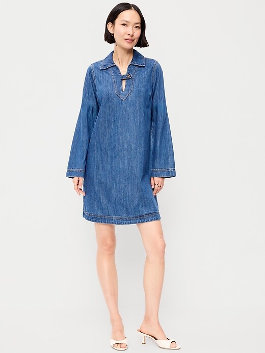 Image number 1 showing, Long-Sleeve Popover Jean Mini Dress