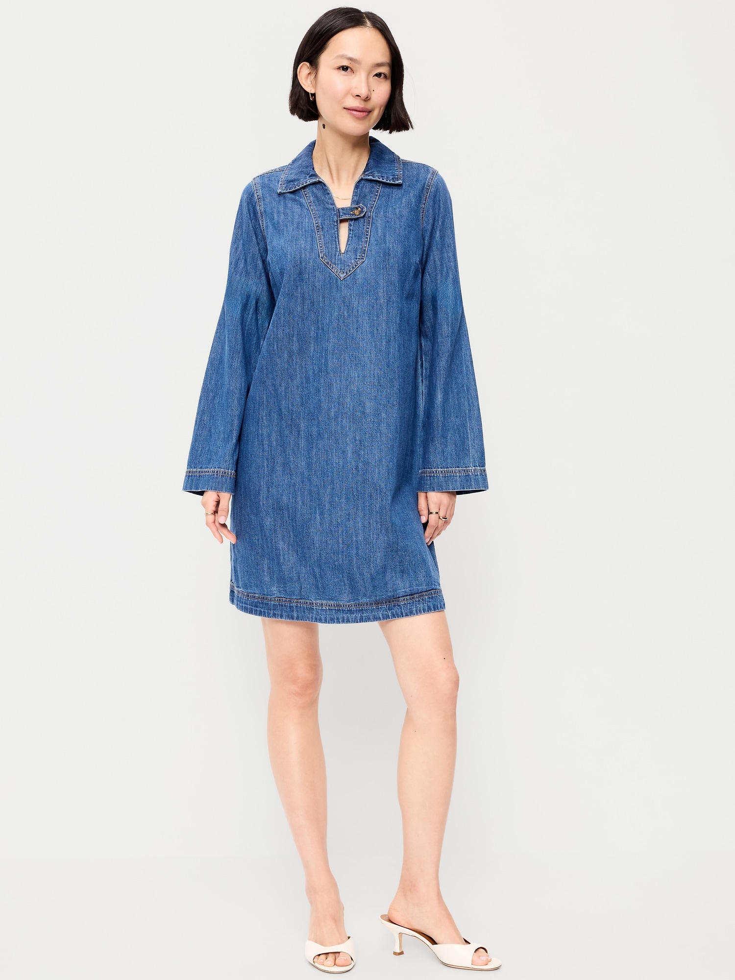 Long-Sleeve Popover Jean Mini Dress