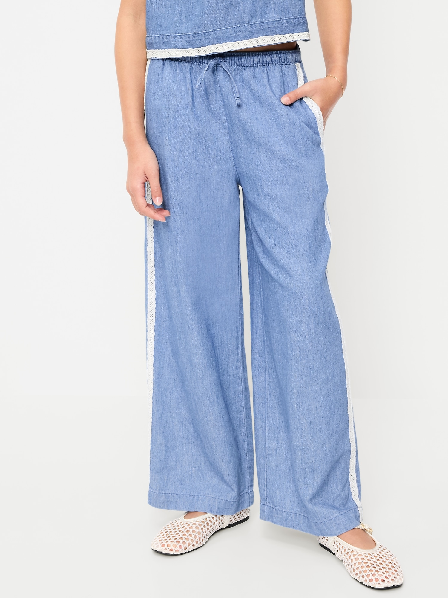 Lace-Trim Chambray Pants for Girls