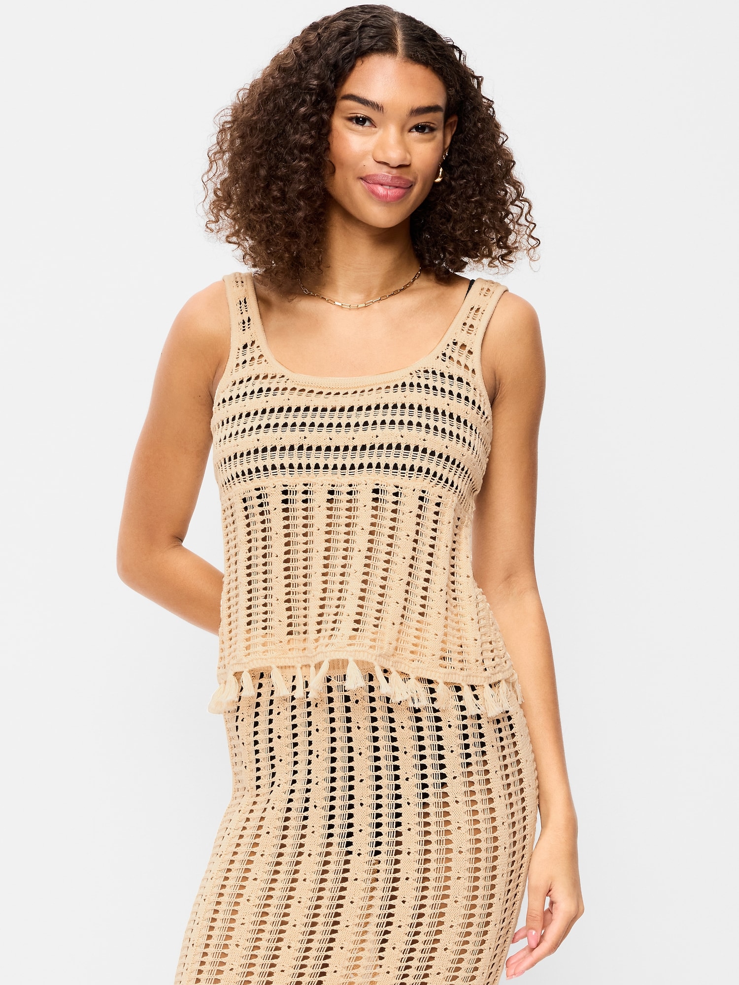 Open-Weave Seaside Cotton Fringe Tank Top