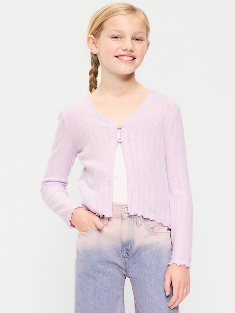 Pointelle-Knit V-Neck Cardigan for Girls