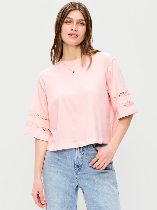 Image number 1 showing, Vintage Crew-Neck Cropped Lace-Trim T-Shirt