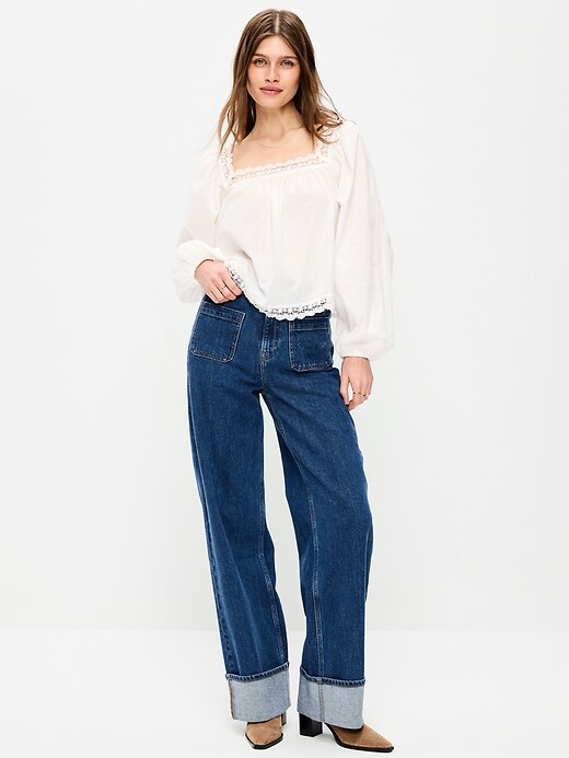 Image number 1 showing, Extra High-Waisted Cuffed Wide-Leg Jeans