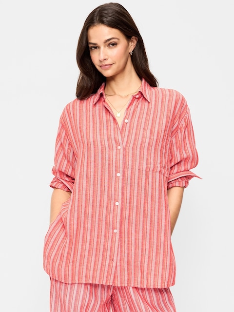 Linen-Blend Loose Button-Down Shirt