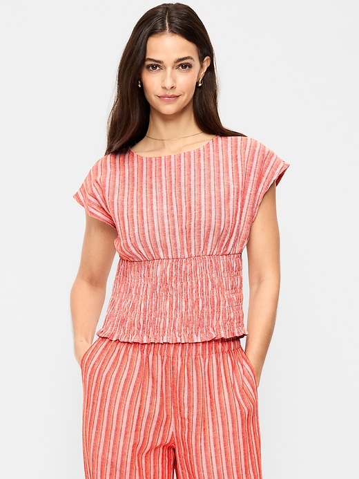 L'image numéro 1 présente Haut smocké à manches courtes en mélange de lin