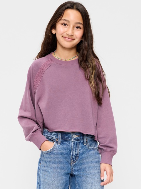 Lace-Trim French Terry Cropped Sweatshirt for Girls