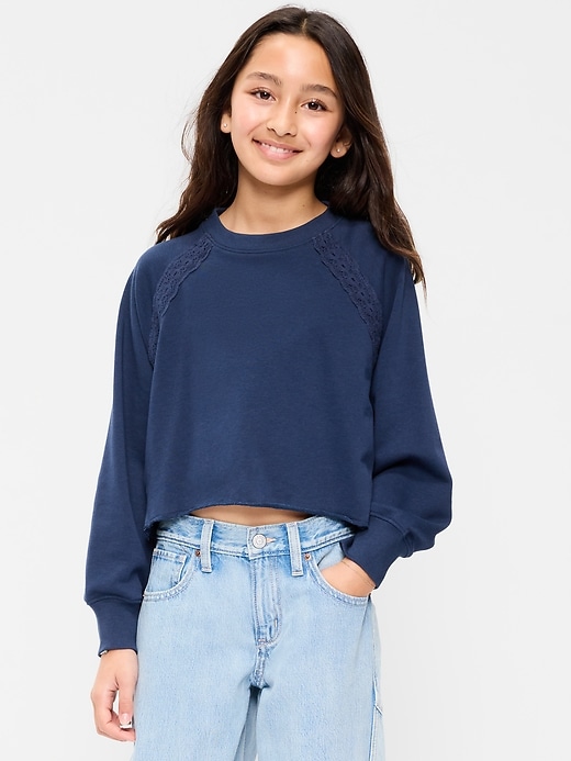 Image number 1 showing, Lace-Trim French Terry Cropped Sweatshirt for Girls