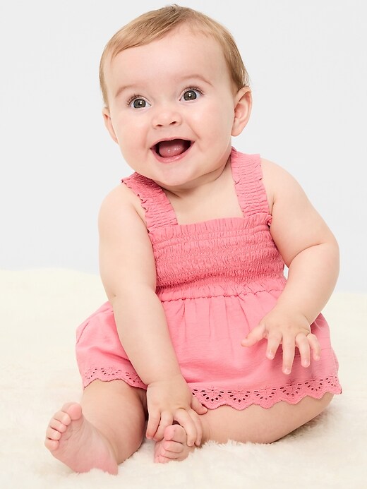 Image number 1 showing, Printed Ruffled Smocked Romper for Baby