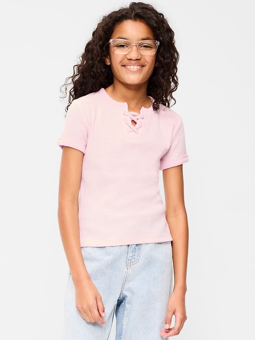 Image number 1 showing, Fitted Lace-Front Waffle-Knit Top for Girls