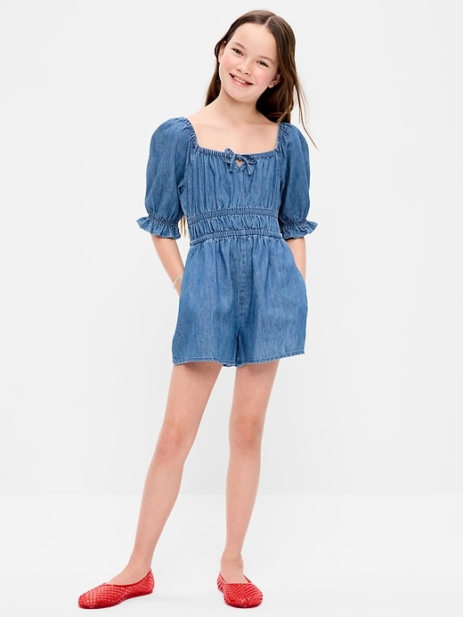 Image number 1 showing, Short-Sleeve Chambray Romper for Girls
