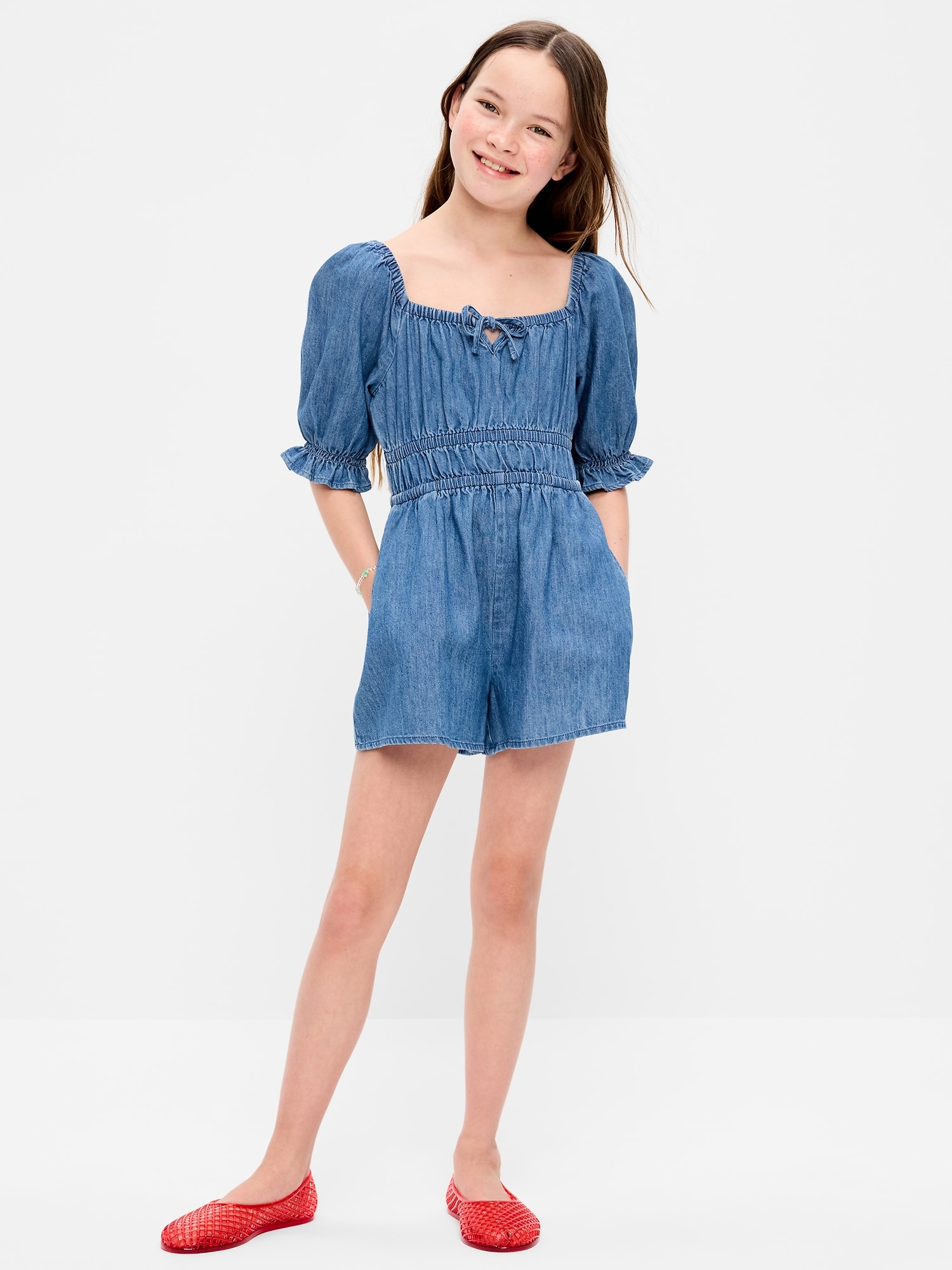 Short-Sleeve Chambray Romper for Girls