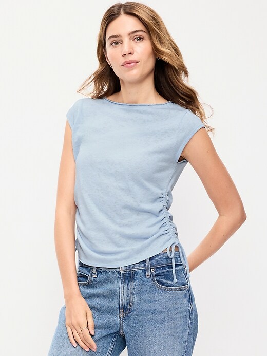 Image number 1 showing, Cap-Sleeve Shirred Side Top