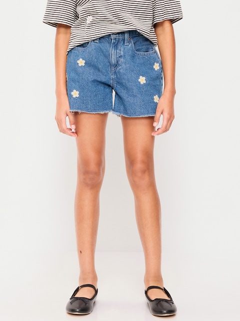 High-Waisted Embroidered Frayed-Hem Jean Shorts for Girls