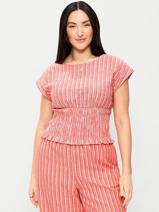 L'image numéro 4 présente Haut smocké à manches courtes en mélange de lin