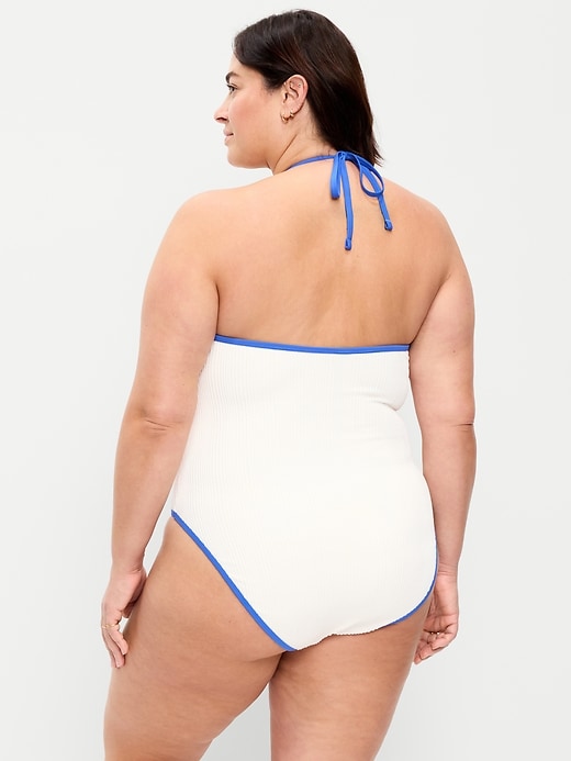 Image number 5 showing, Ribbed V-Neck Halter One-Piece Swimsuit