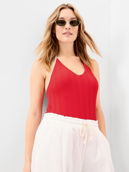 Image number 3 showing, Ribbed V-Neck Halter One-Piece Swimsuit