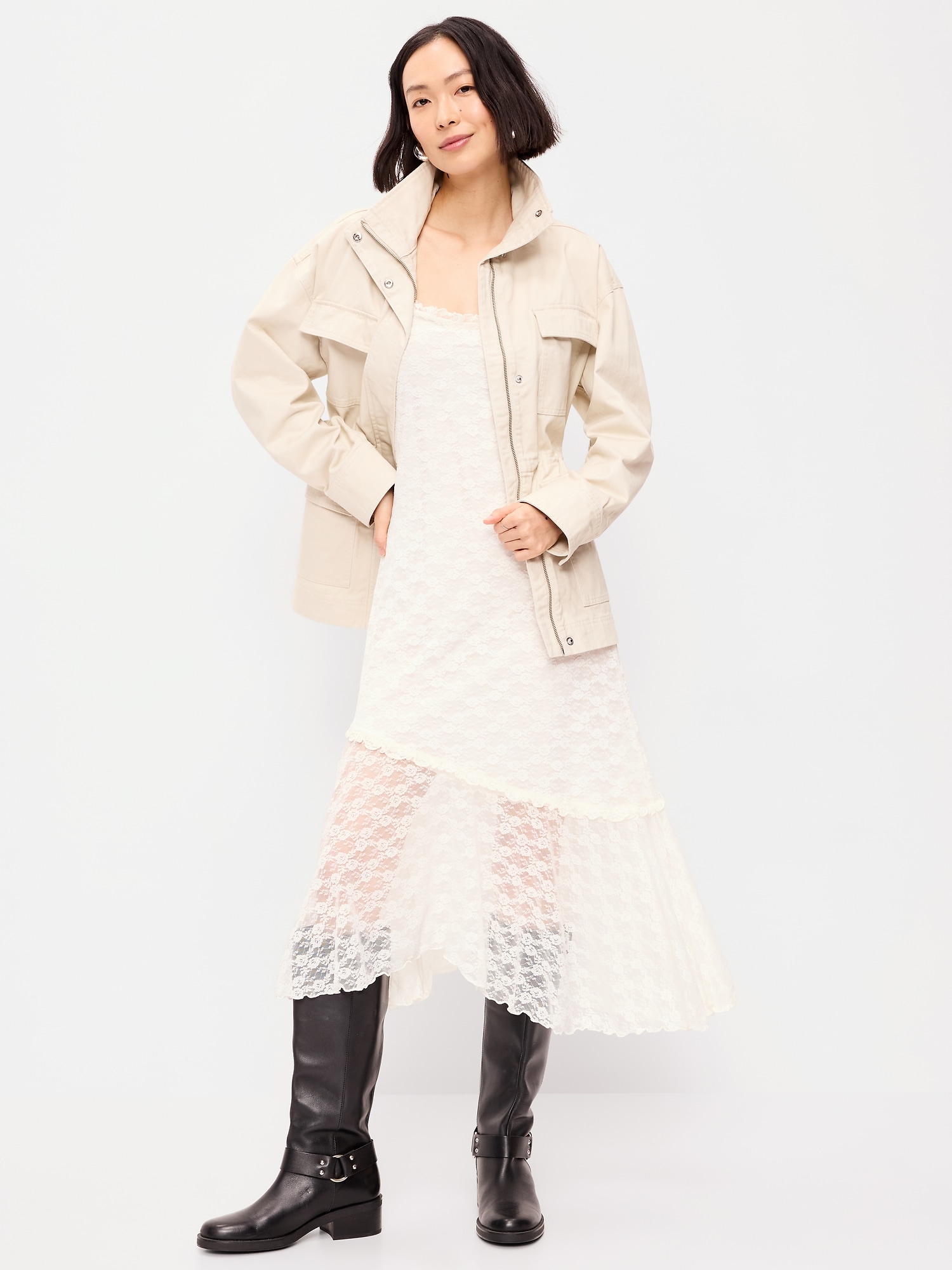 Cinched-Waist Satin Utility Jacket