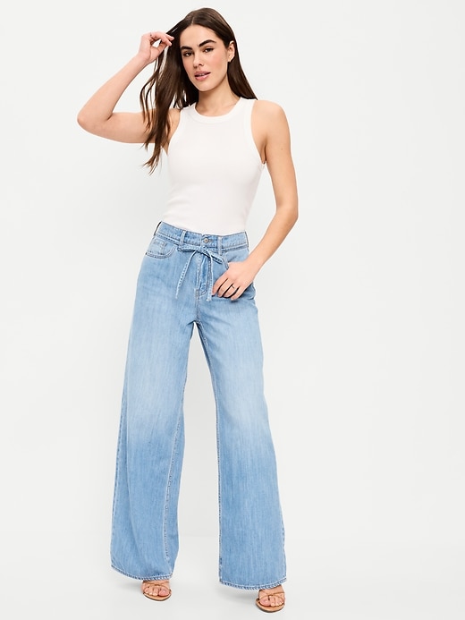 Image number 1 showing, High-Waisted Baggy Wide-Leg Drawstring Jeans