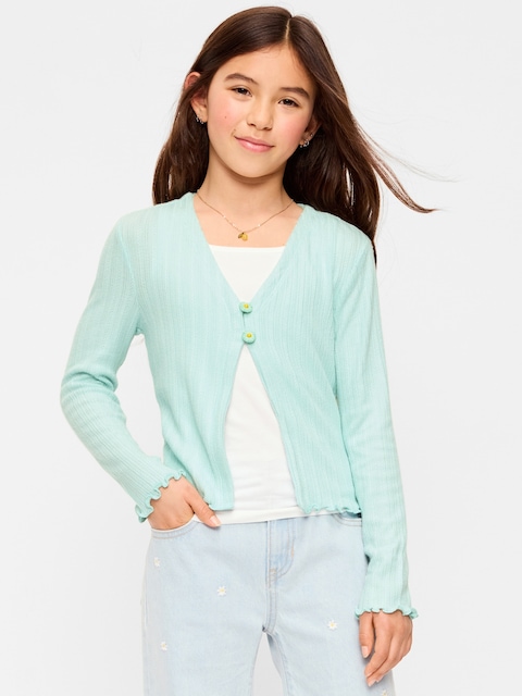 Pointelle-Knit V-Neck Cardigan for Girls