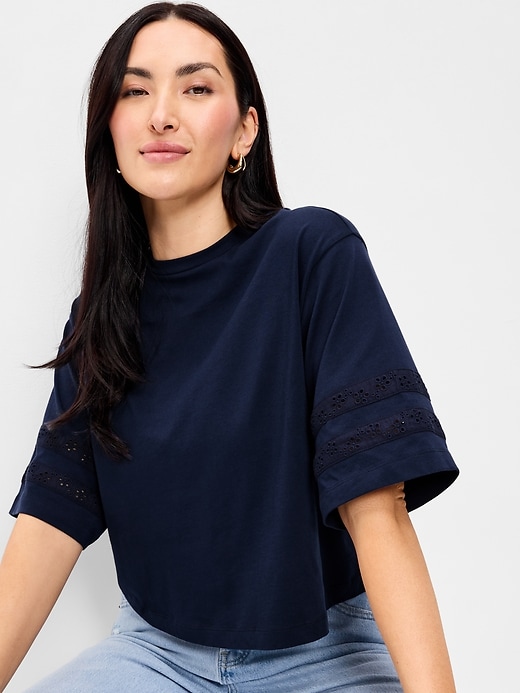 Image number 3 showing, Vintage Crew-Neck Cropped Lace-Trim T-Shirt