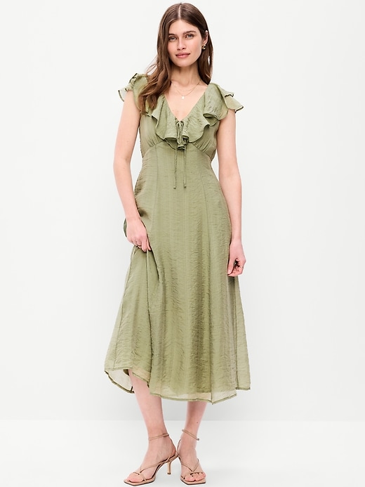 L'image numéro 1 présente Robe mi-longue ajustée et évasée à manches volantes