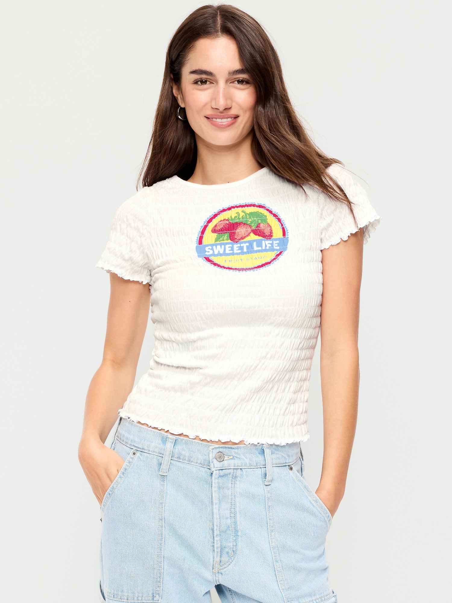 Slit-Neck Smocked Graphic Top