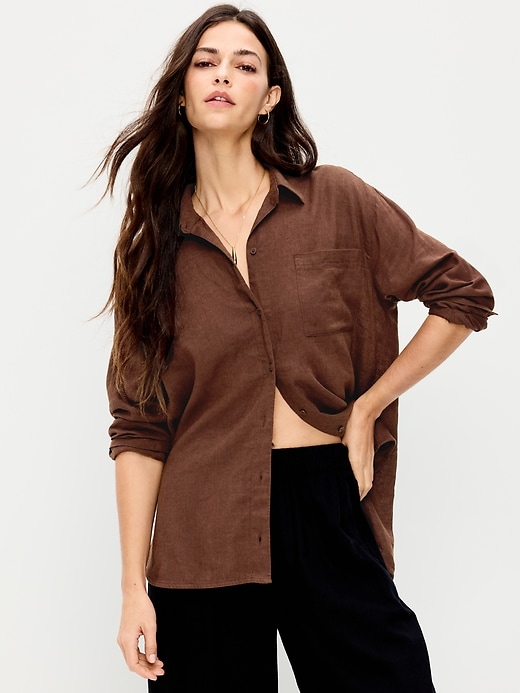 Image number 1 showing, Linen-Blend Loose Button-Down Shirt
