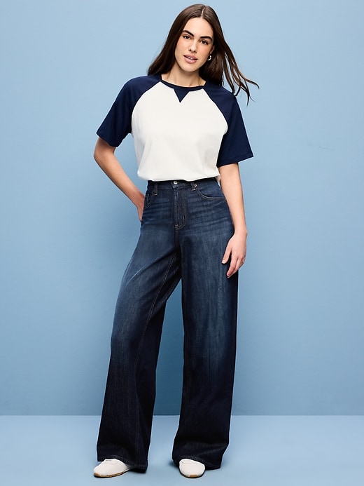 Image number 1 showing, High-Waisted Baggy Wide-Leg Stretch Jeans