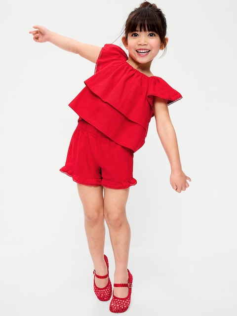 Short-Sleeve Ruffled Linen-Blend Top and Shorts Set for Toddler Girls